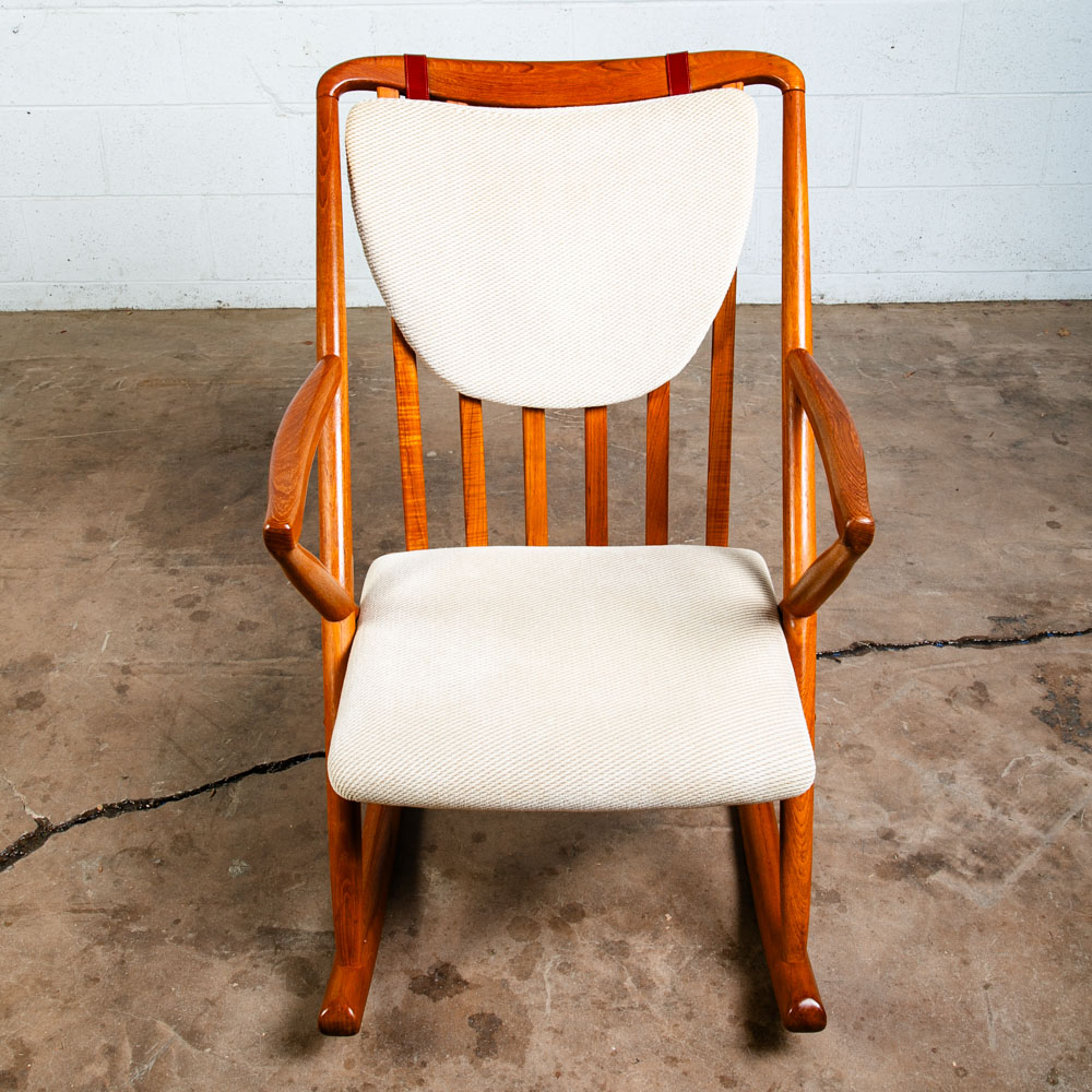 Mid Century Danish Modern Rocking Chair Benny Linden Teak Floating White Wool Mcm - Image 7