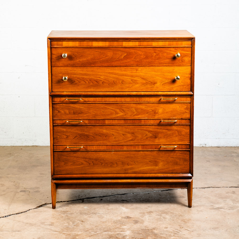 Mid Century Modern Dresser Highboy 5 Drawer Drexel Pinnacle Vintage Walnut Gold - Image 2