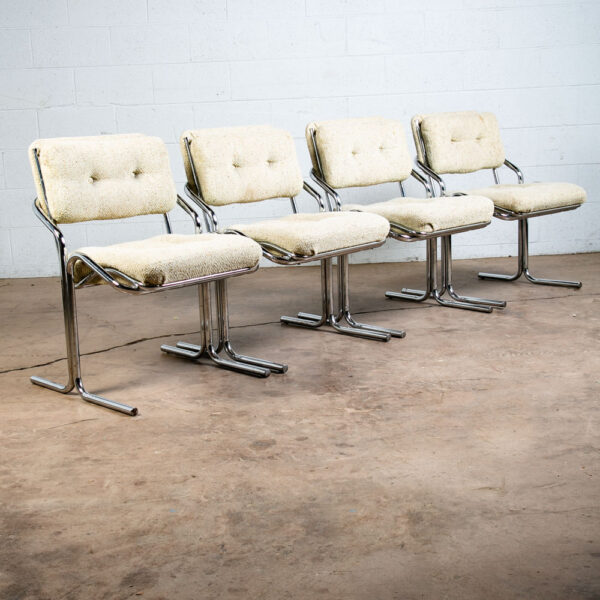 Mid Century Modern Lounge Chairs Set 4 Chrome White Jerry Johnson Tweed Mcm 1976 - Image 3