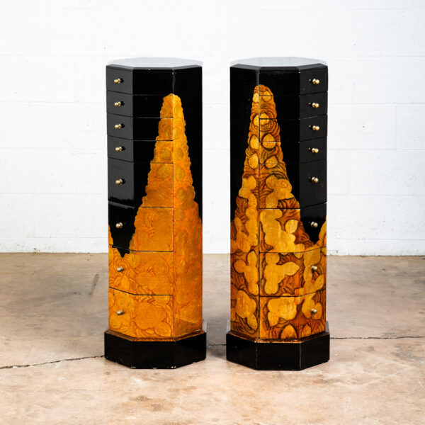 Mid Century Modern Chest of Drawers Two Jewelry Pedestal Black Gold Hand Painted