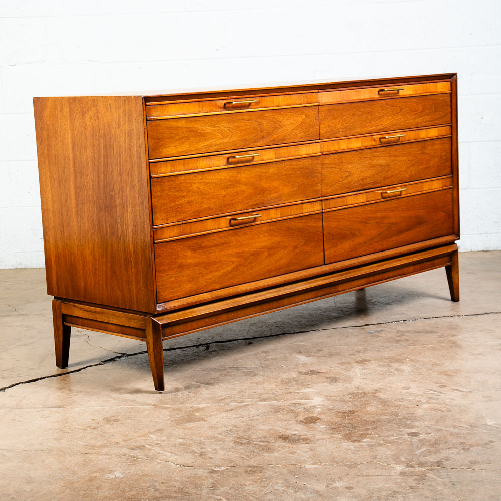 Mid Century Modern Dresser Credenza 6 Drawer Drexel Pinnacle Vintage Walnut Gold