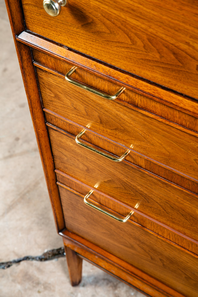 Mid Century Modern Dresser Highboy 5 Drawer Drexel Pinnacle Vintage Walnut Gold - Image 8