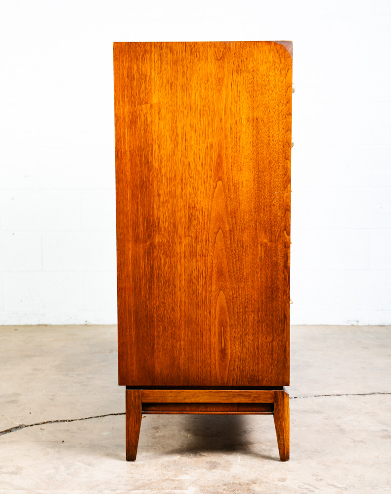 Mid Century Modern Dresser Highboy 5 Drawer Drexel Pinnacle Vintage Walnut Gold - Image 3