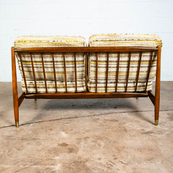 Mid Century Danish Modern Settee Dark Wood Spindle Armless 2 Seater Tweed Fabric - Image 6