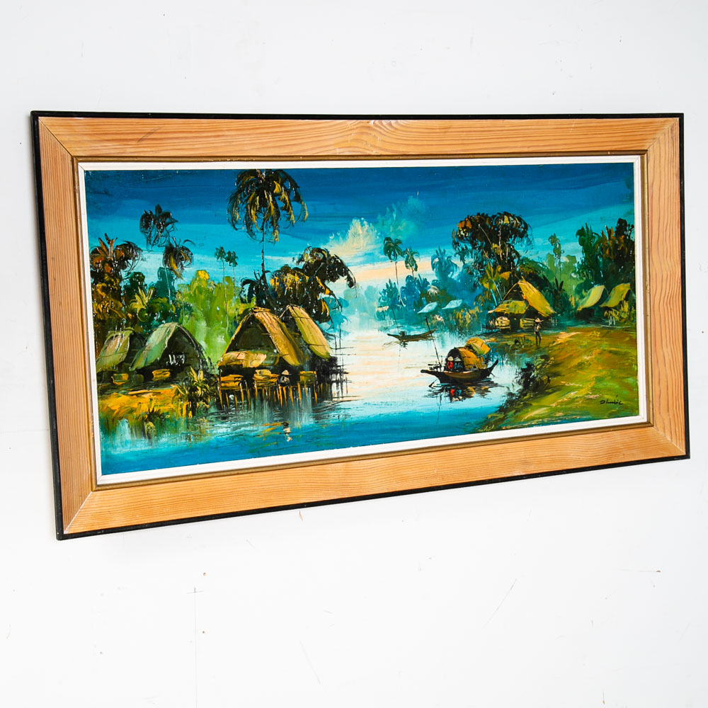 Mid Century Modern Painting Original Art Landscape River Scene Vintage 50x26 Mcm