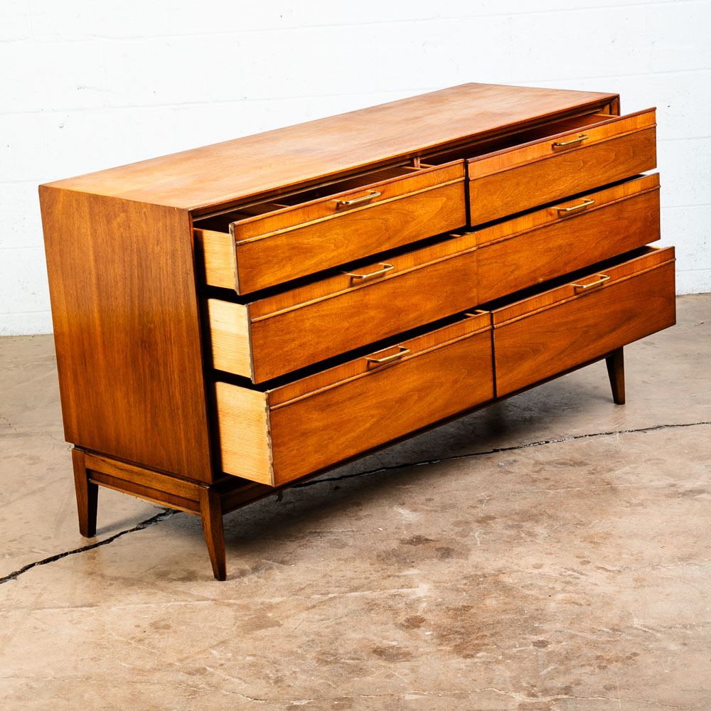 Mid Century Modern Dresser Credenza 6 Drawer Drexel Pinnacle Vintage Walnut Gold - Image 5