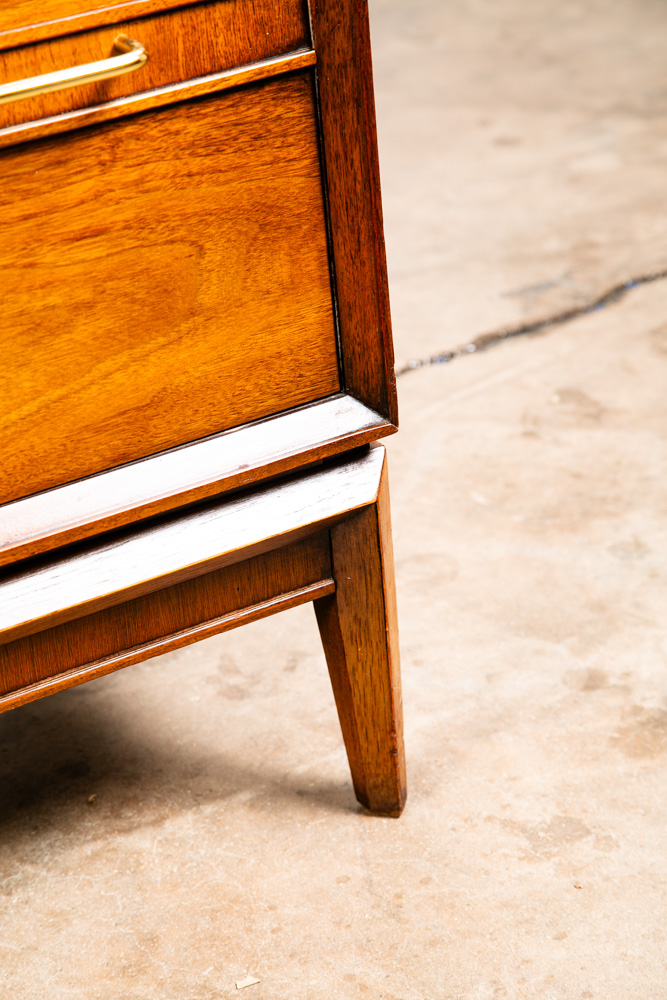 Mid Century Modern Dresser Highboy 5 Drawer Drexel Pinnacle Vintage Walnut Gold - Image 9
