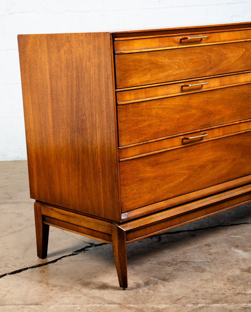 Mid Century Modern Dresser Credenza 6 Drawer Drexel Pinnacle Vintage Walnut Gold - Image 8