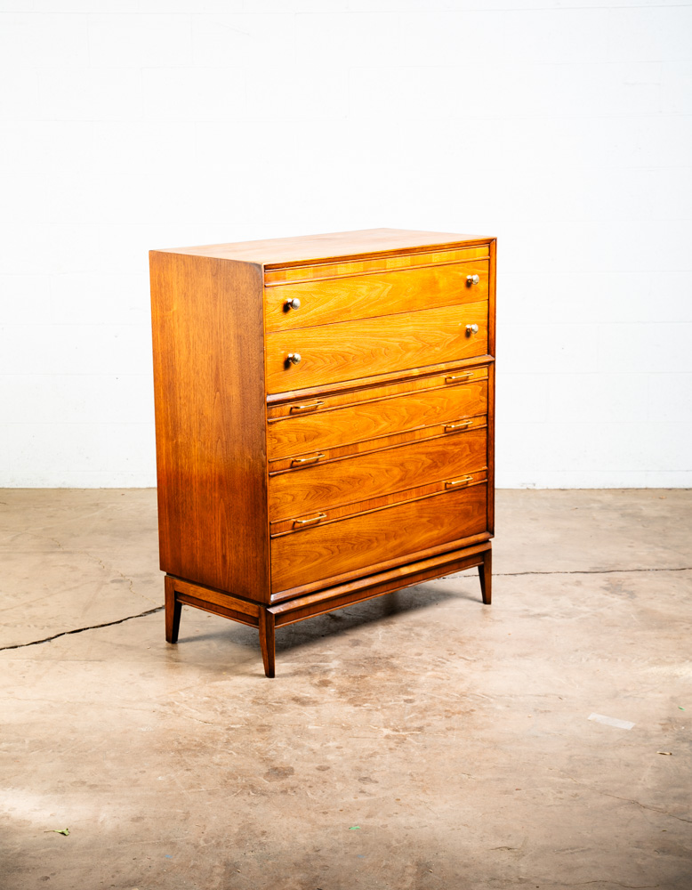 Mid Century Modern Dresser Highboy 5 Drawer Drexel Pinnacle Vintage Walnut Gold - Image 7