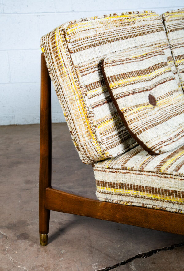 Mid Century Danish Modern Settee Dark Wood Spindle Armless 2 Seater Tweed Fabric - Image 11