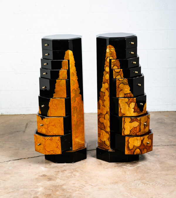 Mid Century Modern Chest of Drawers Two Jewelry Pedestal Black Gold Hand Painted - Image 4