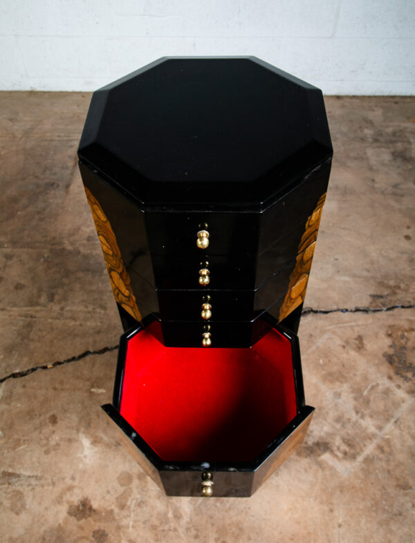 Mid Century Modern Chest of Drawers Two Jewelry Pedestal Black Gold Hand Painted - Image 7
