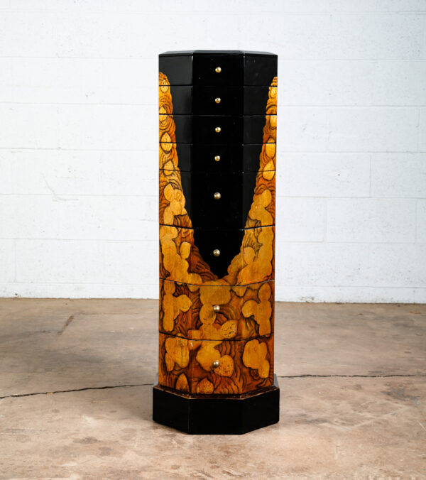 Mid Century Modern Chest of Drawers Two Jewelry Pedestal Black Gold Hand Painted - Image 10