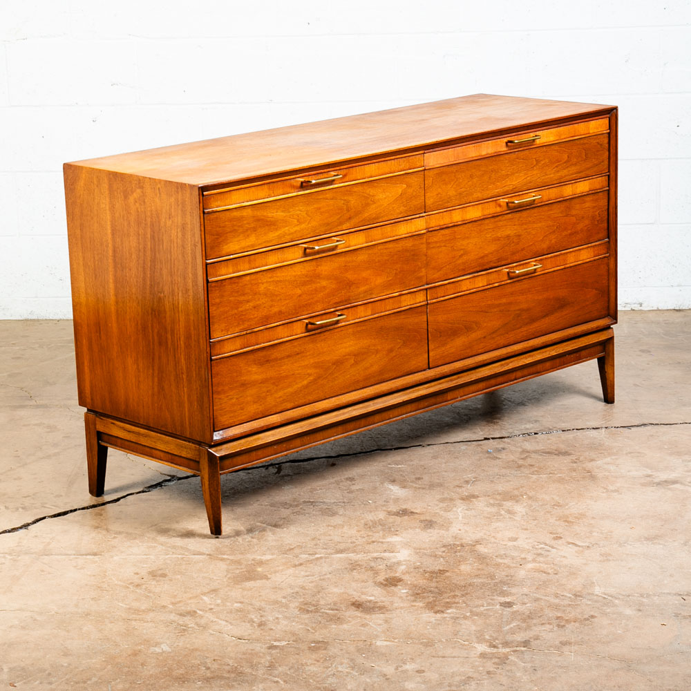 Mid Century Modern Dresser Credenza 6 Drawer Drexel Pinnacle Vintage Walnut Gold - Image 7