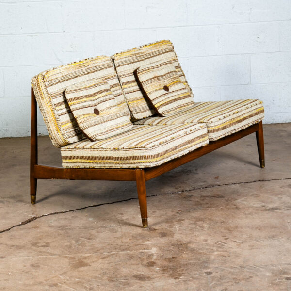 Mid Century Danish Modern Settee Dark Wood Spindle Armless 2 Seater Tweed Fabric