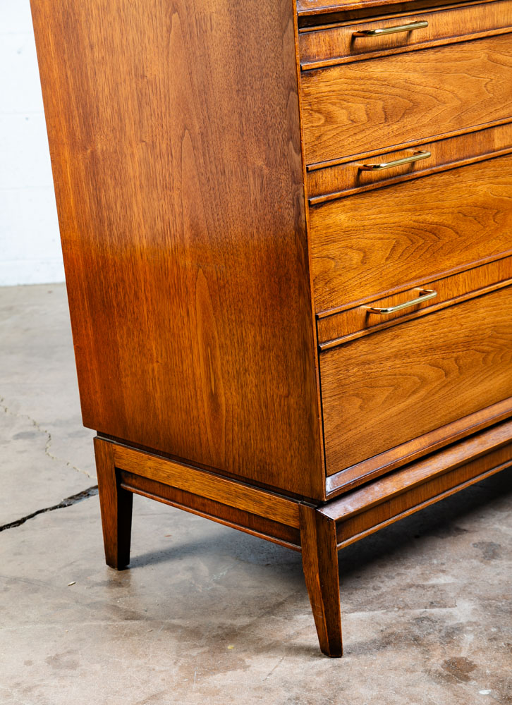 Mid Century Modern Dresser Highboy 5 Drawer Drexel Pinnacle Vintage Walnut Gold - Image 10