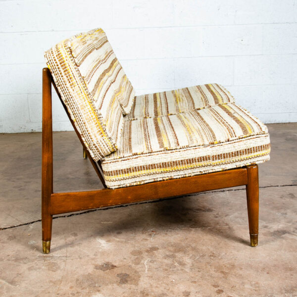 Mid Century Danish Modern Settee Dark Wood Spindle Armless 2 Seater Tweed Fabric - Image 4