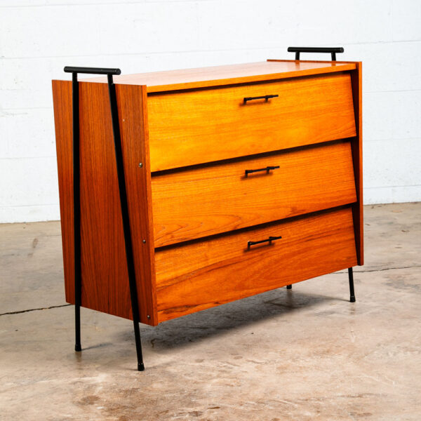 Mid Century Danish Modern Chest of Drawers Shoe Cabinet 3 Doors Solid Teak Iron