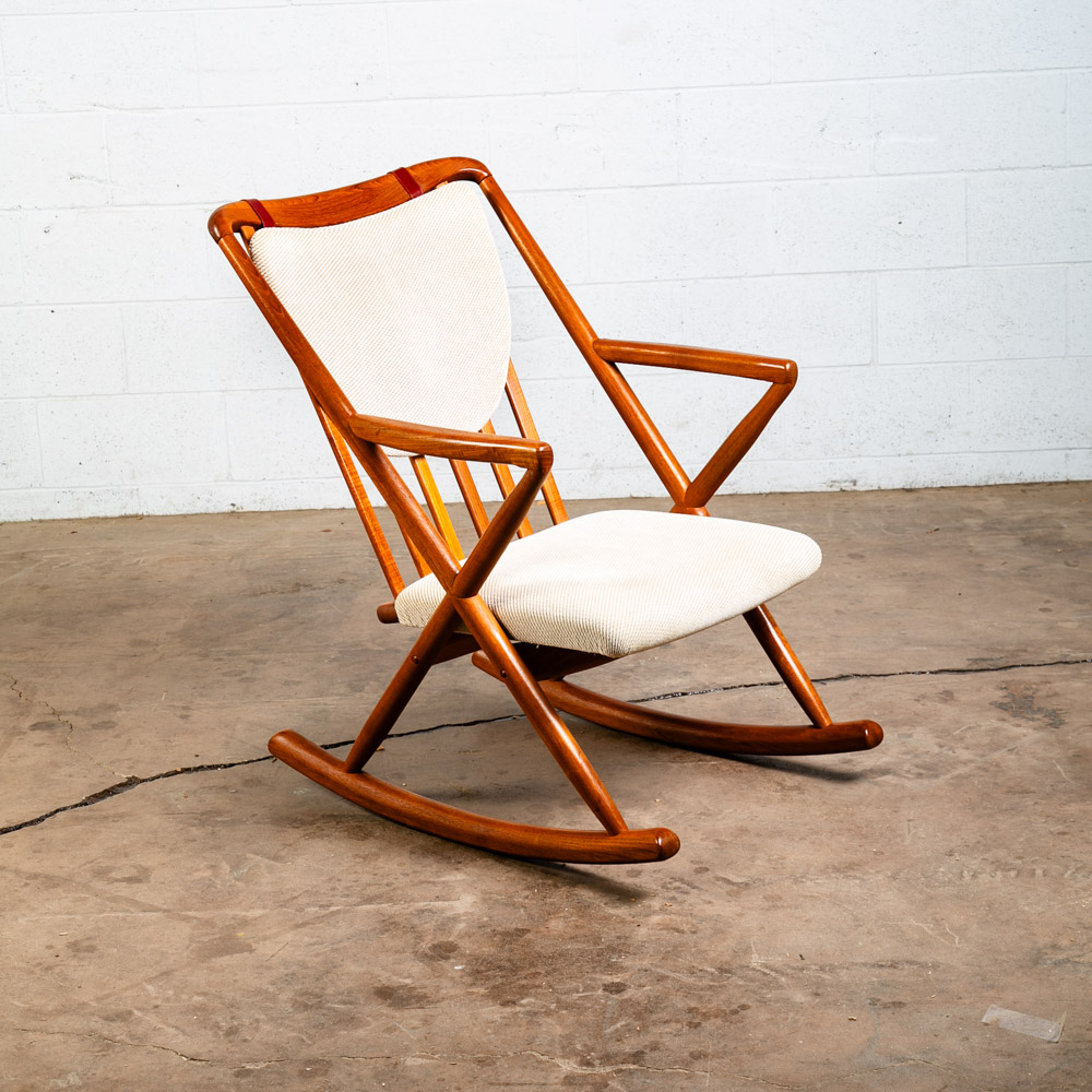 Mid Century Danish Modern Rocking Chair Benny Linden Teak Floating White Wool Mcm
