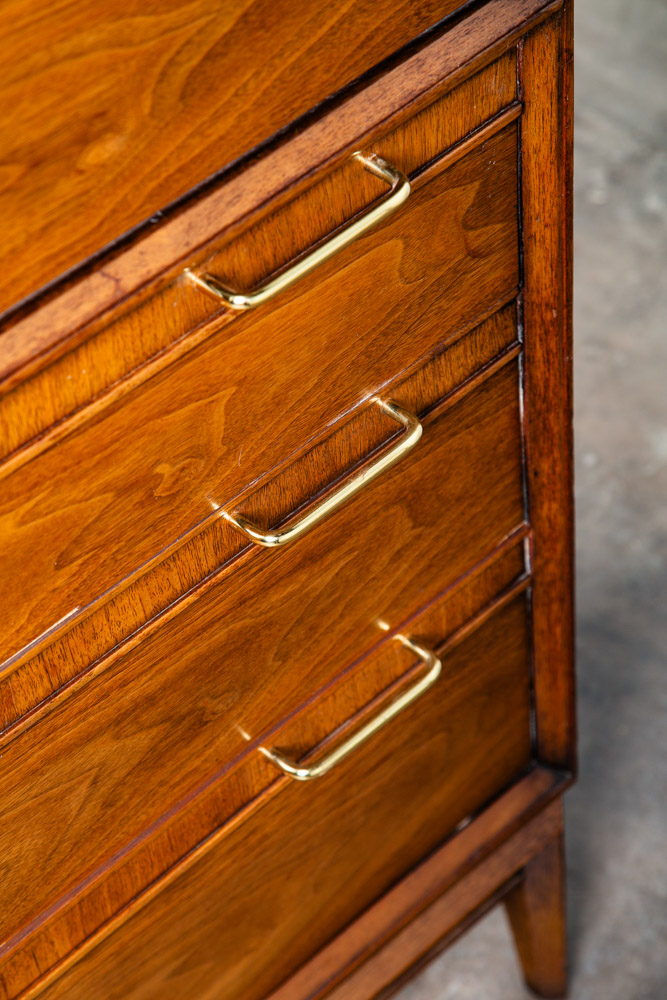 Mid Century Modern Dresser Highboy 5 Drawer Drexel Pinnacle Vintage Walnut Gold - Image 11