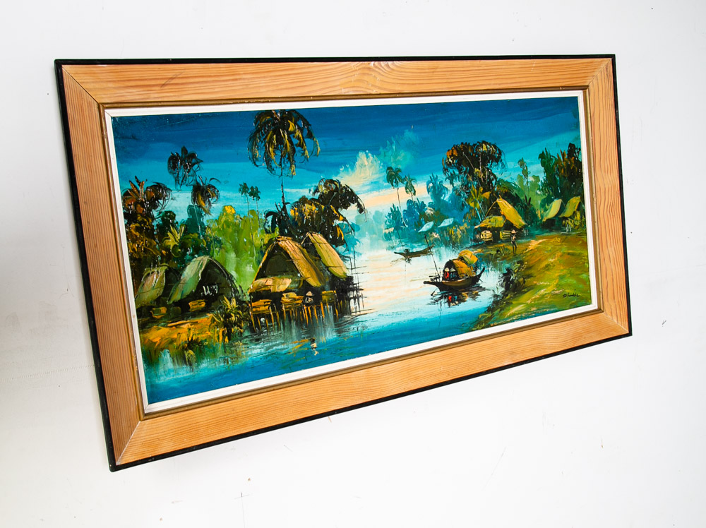 Mid Century Modern Painting Original Art Landscape River Scene Vintage 50x26 Mcm - Image 6