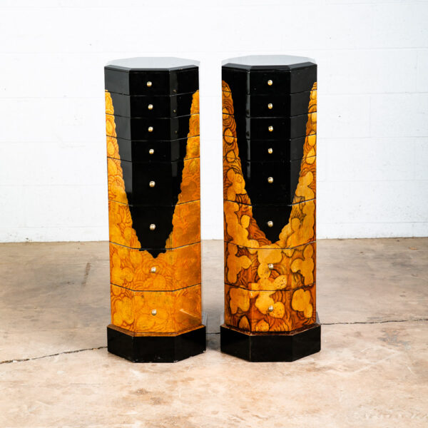 Mid Century Modern Chest of Drawers Two Jewelry Pedestal Black Gold Hand Painted - Image 2