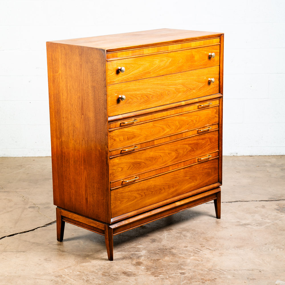 Mid Century Modern Dresser Highboy 5 Drawer Drexel Pinnacle Vintage Walnut Gold