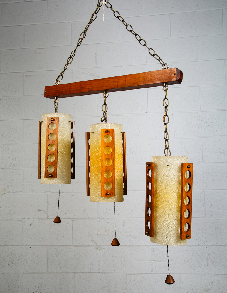 Mid Century Modern Hanging Lamp Set 3 Walnut Wood Pull Switch Vintage Swag Light - Image 4