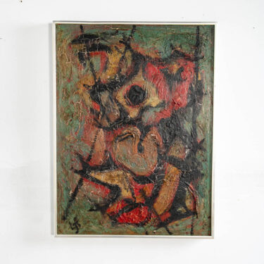 Mid Century Modern Oil Painting Abstract Expressionism Green Black Original Sign