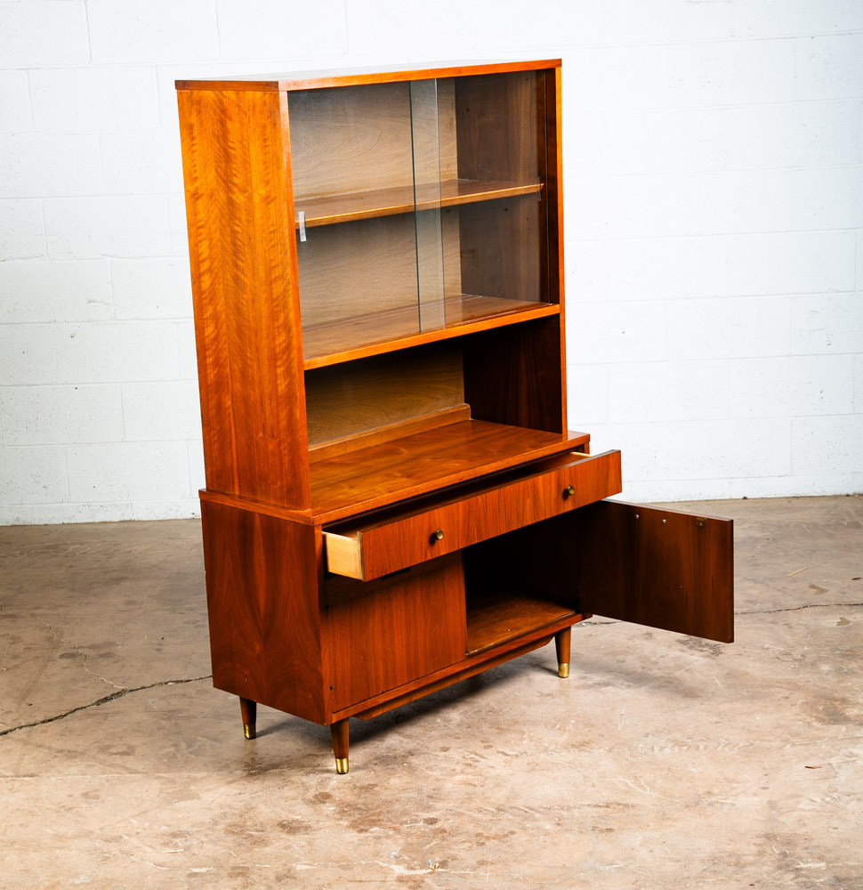 Mid Century Modern China Cabinet Hutch Glass Display Walnut Furniture Drawers - Image 5