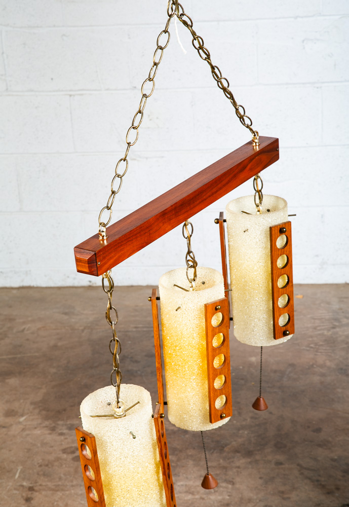 Mid Century Modern Hanging Lamp Set 3 Walnut Wood Pull Switch Vintage Swag Light - Image 5