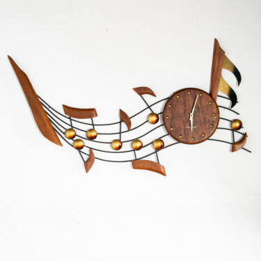 Mid Century Modern Clock Walnut Wall Wood Brass Gold 1963 Music Notes Masketeers