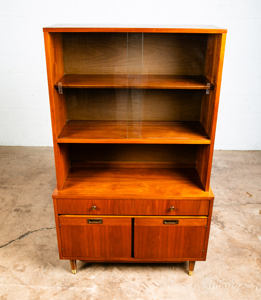Mid Century Modern China Cabinet Hutch Glass Display Walnut Furniture Drawers - Image 12