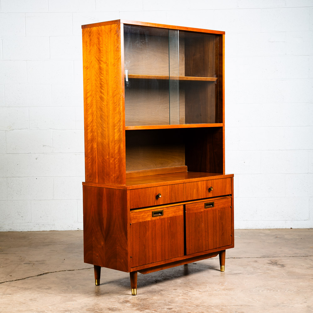 Mid Century Modern China Cabinet Hutch Glass Display Walnut Furniture Drawers
