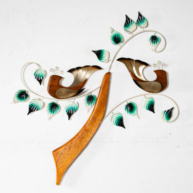 Mid Century Modern Sculpture Birds Art Wall Brown Wood Gold White Teal Green Ivy
