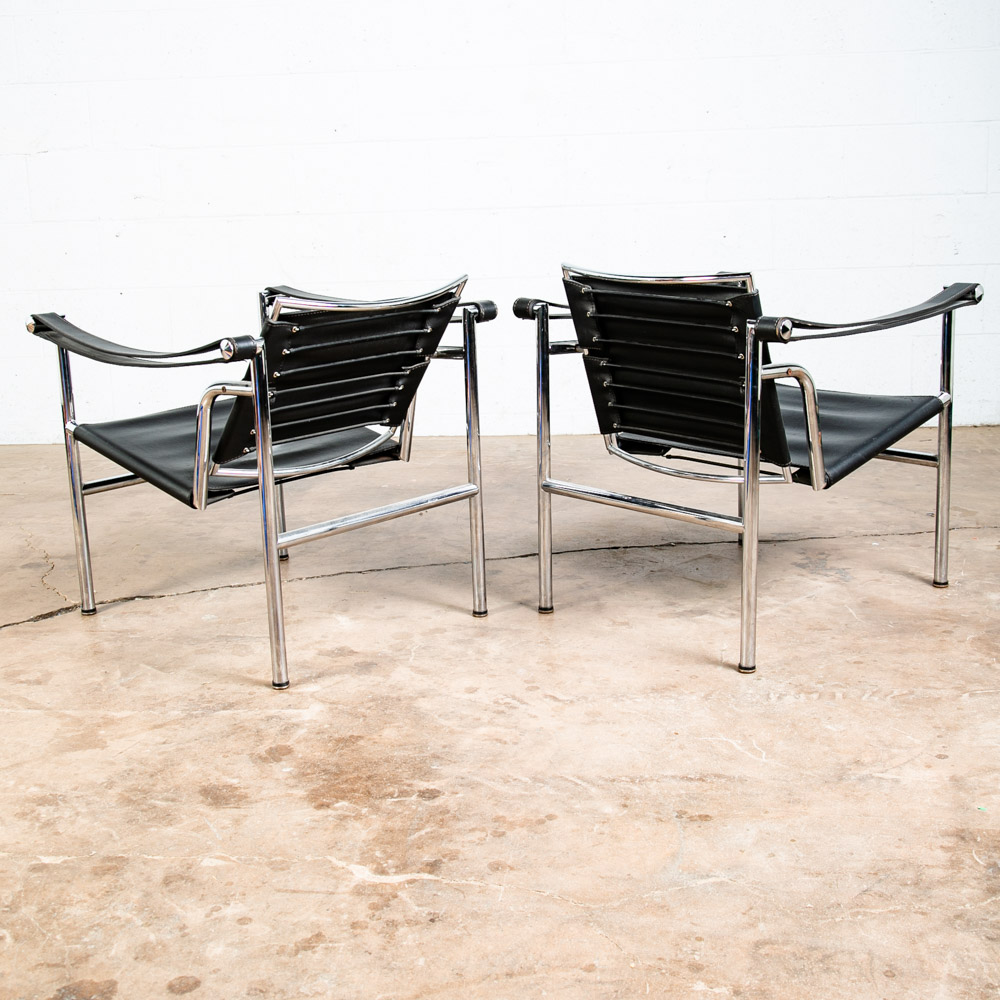 Mid Century Modern Lounge Chairs La Corbusier LC1 Black Leather Alivar Italy NM - Image 4