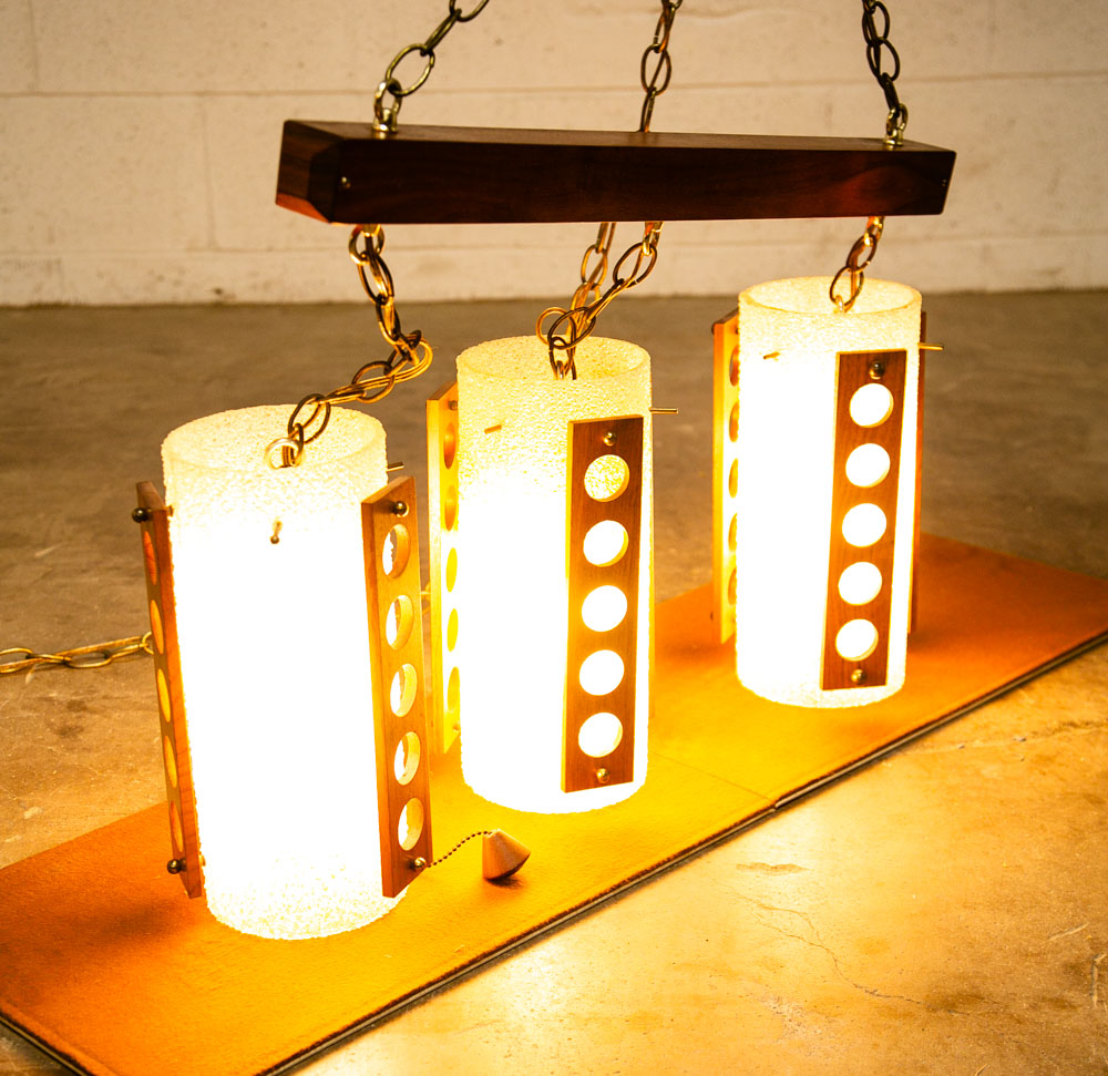 Mid Century Modern Hanging Lamp Set 3 Walnut Wood Pull Switch Vintage Swag Light - Image 9
