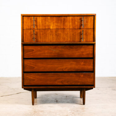 Mid Century Modern Highboy Dresser Walnut 5 Drawer Danish Metal Handles Danish
