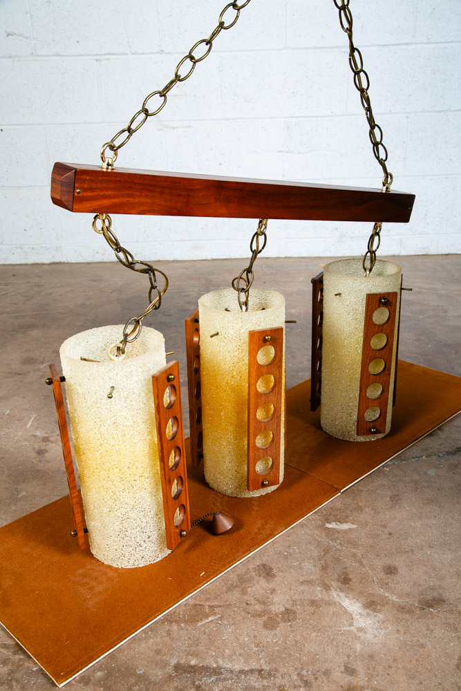 Mid Century Modern Hanging Lamp Set 3 Walnut Wood Pull Switch Vintage Swag Light - Image 8