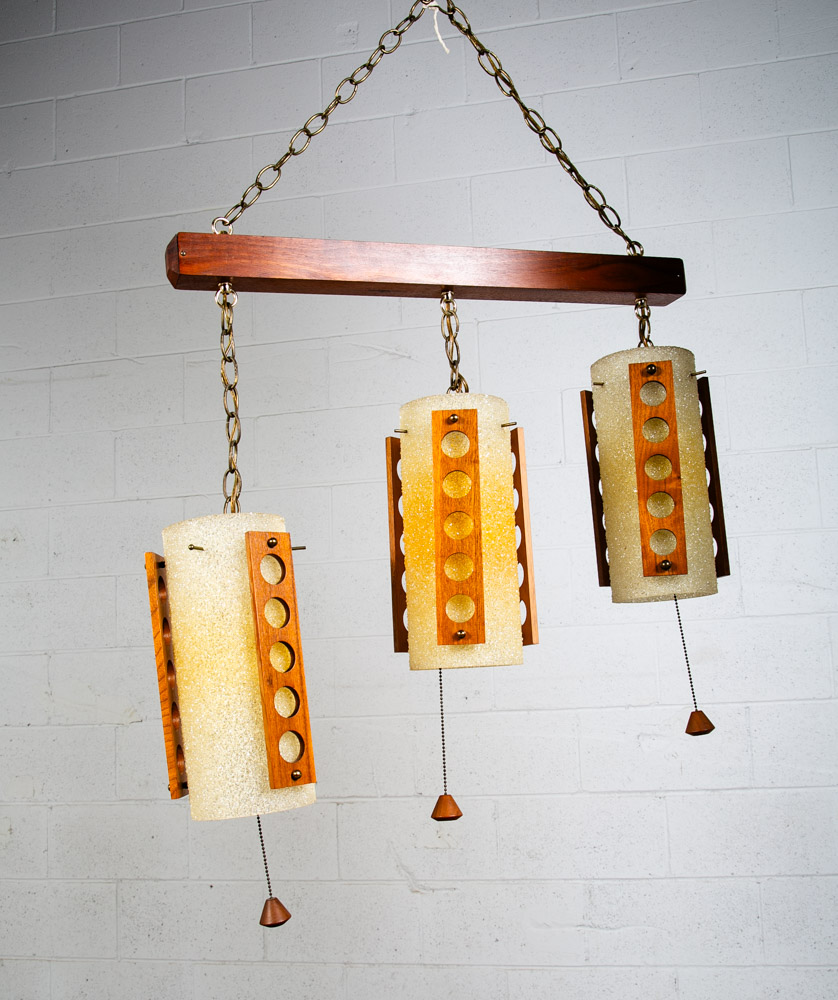 Mid Century Modern Hanging Lamp Set 3 Walnut Wood Pull Switch Vintage Swag Light - Image 2