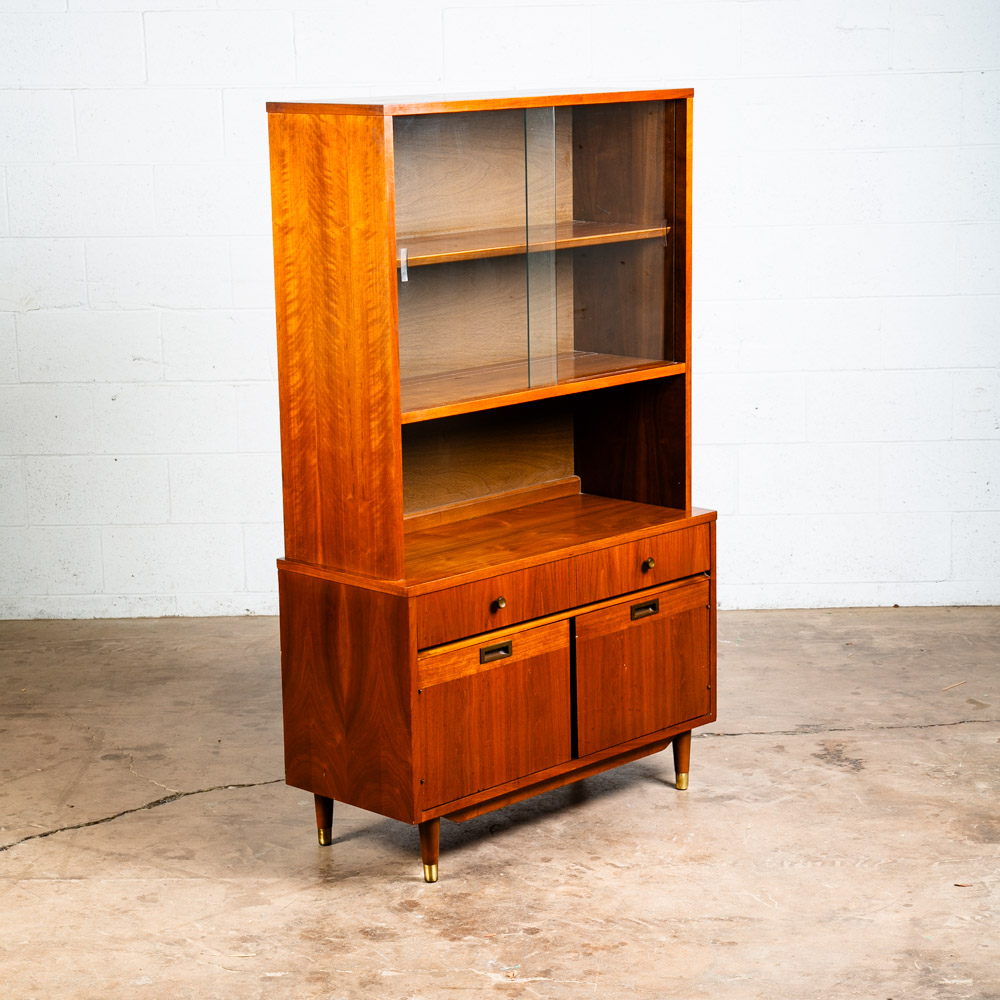 Mid Century Modern China Cabinet Hutch Glass Display Walnut Furniture Drawers - Image 6