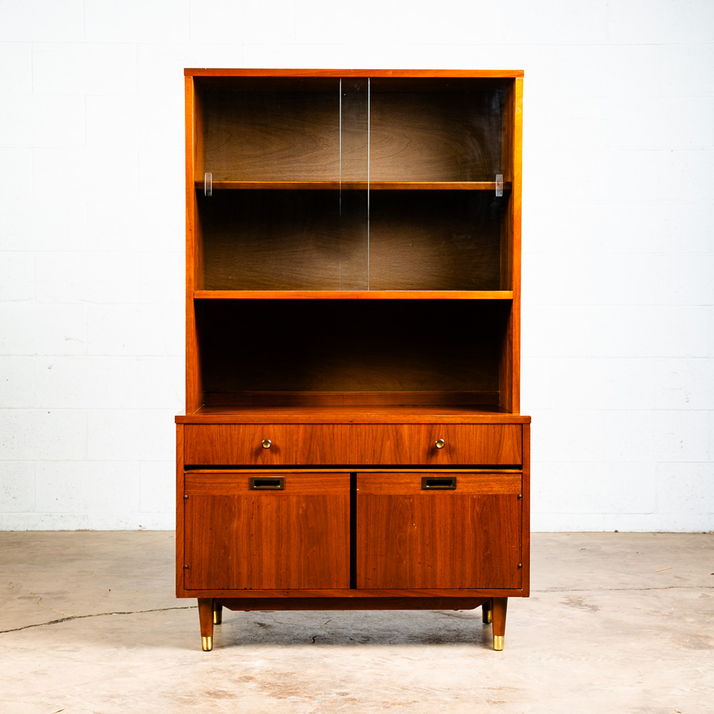 Mid Century Modern China Cabinet Hutch Glass Display Walnut Furniture Drawers - Image 2