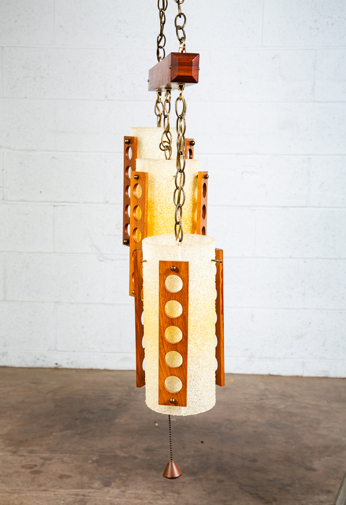 Mid Century Modern Hanging Lamp Set 3 Walnut Wood Pull Switch Vintage Swag Light - Image 12