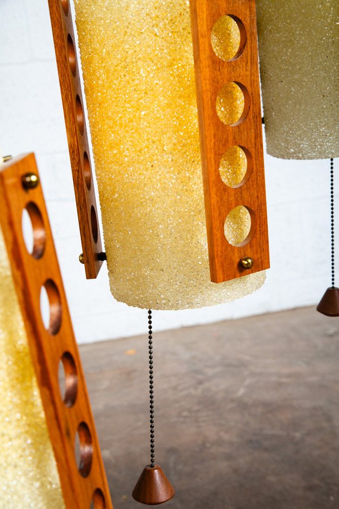 Mid Century Modern Hanging Lamp Set 3 Walnut Wood Pull Switch Vintage Swag Light - Image 10