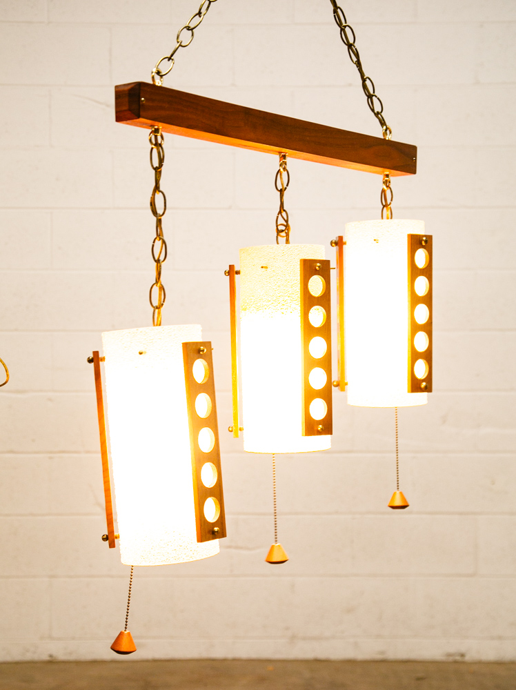 Mid Century Modern Hanging Lamp Set 3 Walnut Wood Pull Switch Vintage Swag Light - Image 11