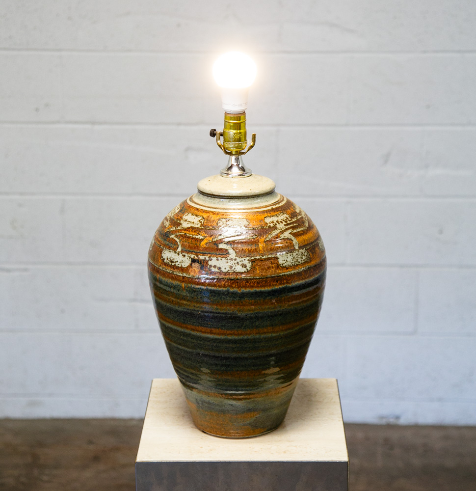 Mid Century Modern Table Lamp Set Pair Green Orange Grey Ceramic Round Vintage - Image 3