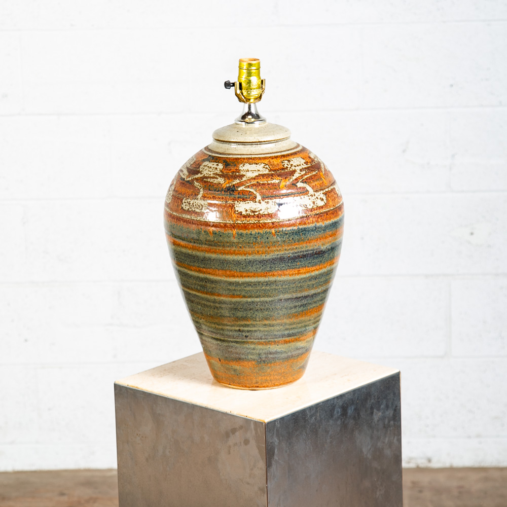 Mid Century Modern Table Lamp Set Pair Green Orange Grey Ceramic Round Vintage - Image 2