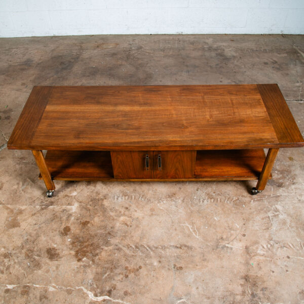 Mid Century Modern Coffee table Lane Rolling Storage Walnut Sliding Door Vintage