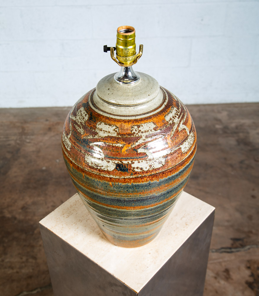 Mid Century Modern Table Lamp Set Pair Green Orange Grey Ceramic Round Vintage - Image 9