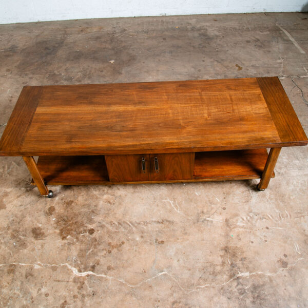 Mid Century Modern Coffee table Lane Rolling Storage Walnut Sliding Door Vintage - Image 7